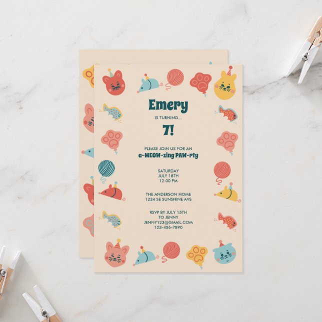 Invitación Fiesta de cumpleaños de niños de un gato lindo (Anverso/Reverso In Situ)