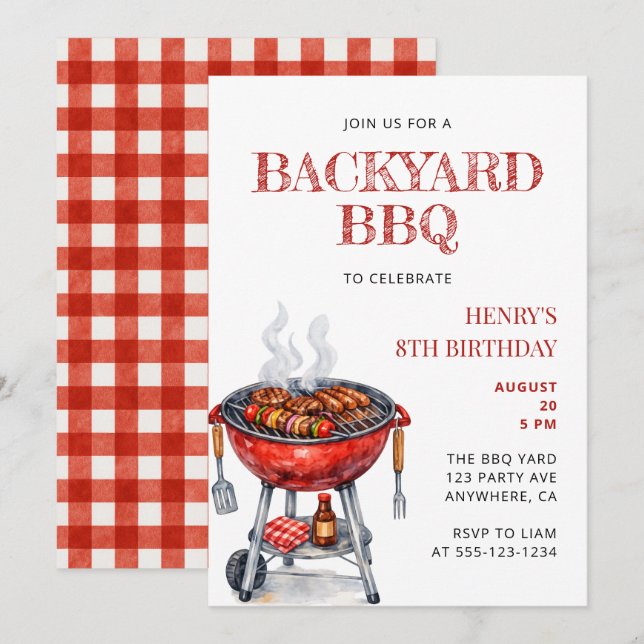 Invitación Fiesta de cumpleaños de niños de verano BBQ (Anverso / Reverso)