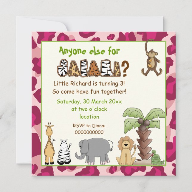 Invitación Fiesta de cumpleaños de niños del safari rosa jung (Anverso)