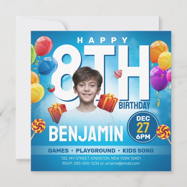 Invitación Fiesta de Cumpleaños de Niños en Azul Festivo Foto (Anverso)