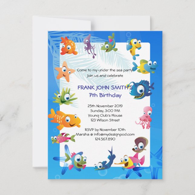 Invitación Fiesta de cumpleaños de niños en el tema del océan (Anverso)
