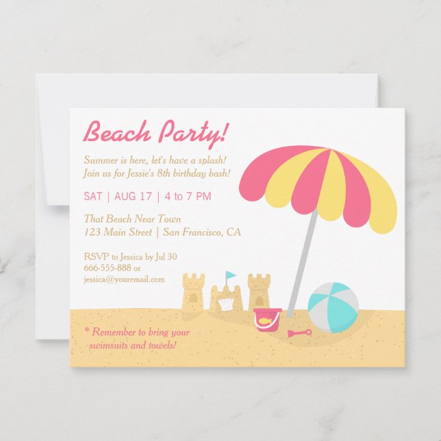 Invitación Fiesta de Cumpleaños de Niños en la Playa con Cast (Anverso)