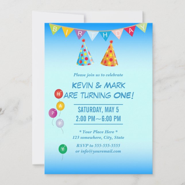 Invitación Fiesta de cumpleaños de niños gemelos (Anverso)