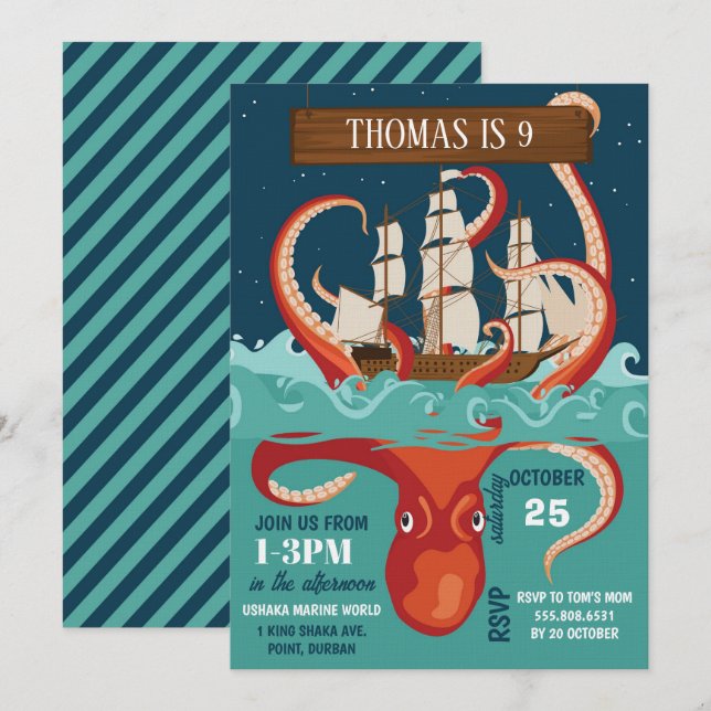 Invitación Fiesta de cumpleaños de niños Kraken (Anverso / Reverso)