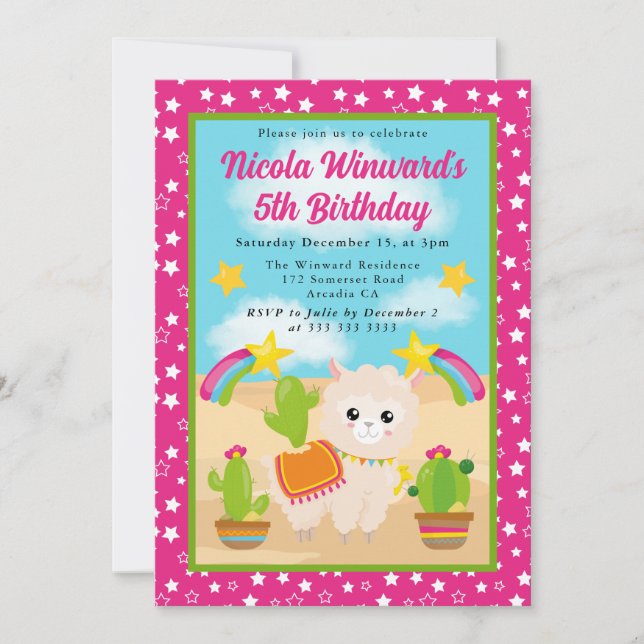 Invitación Fiesta de cumpleaños de niños llamas de verano lin (Anverso)