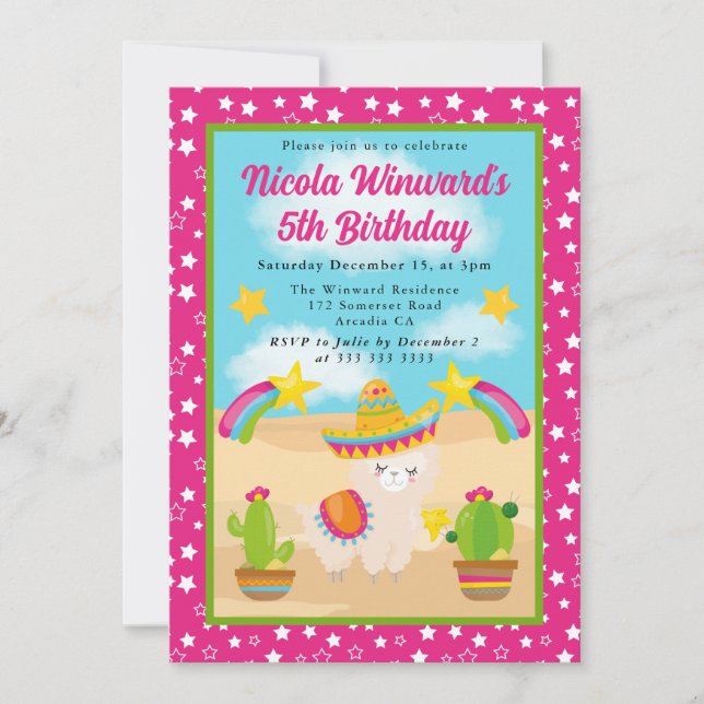 Invitación Fiesta de cumpleaños de niños llamas de verano lin (Anverso)