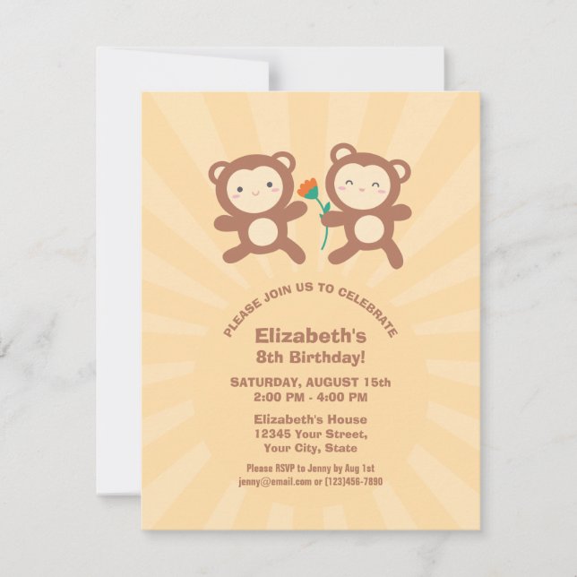 Invitación Fiesta de Cumpleaños de Niños Mono Kawaii Lindo (Anverso)