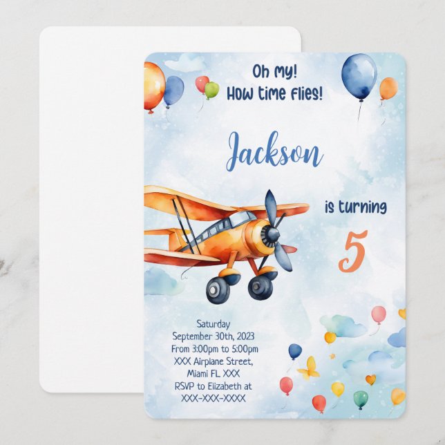 Invitación Fiesta de cumpleaños de niños naranjas en avión (Anverso / Reverso)