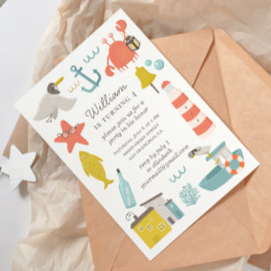 Invitación Fiesta de cumpleaños de niños náuticos. Animales d