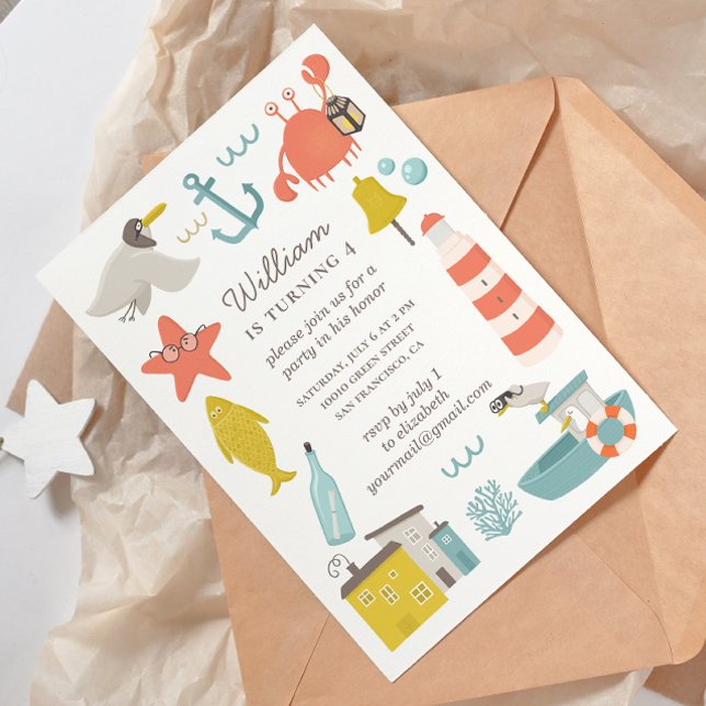 Invitación Fiesta de cumpleaños de niños náuticos. Animales d (Subido por el creador)