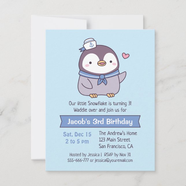 Invitación Fiesta de Cumpleaños de Niños Pingüino Marinero Ad (Anverso)