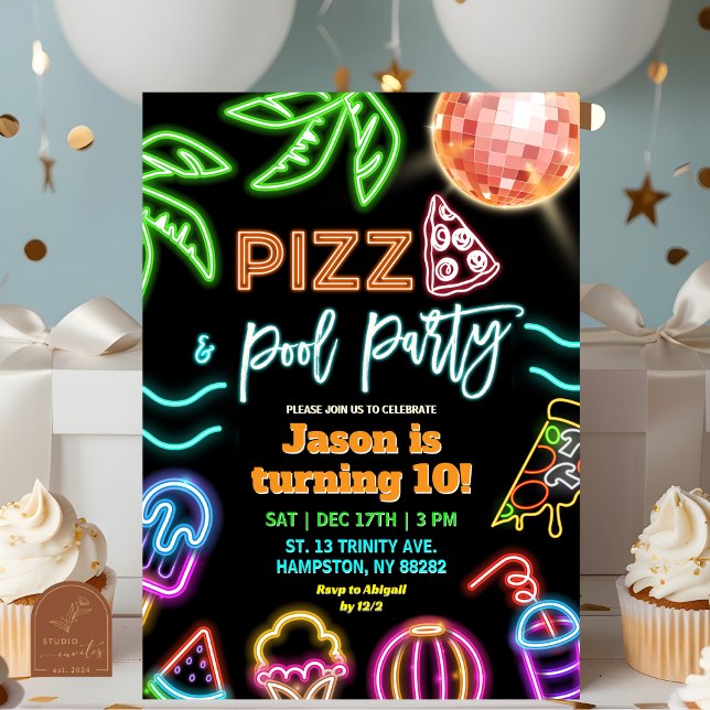Invitación Fiesta de Cumpleaños de Niños Piscina Pizza Neon (Subido por el creador)
