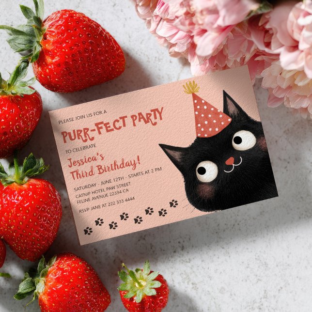 Invitación Fiesta de cumpleaños de niños rosados gatos negros (Subido por el creador)