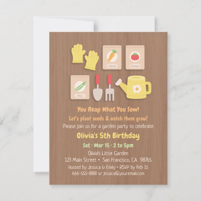 Invitación Fiesta de Cumpleaños de Niños: Semillas y Herramie (Anverso)