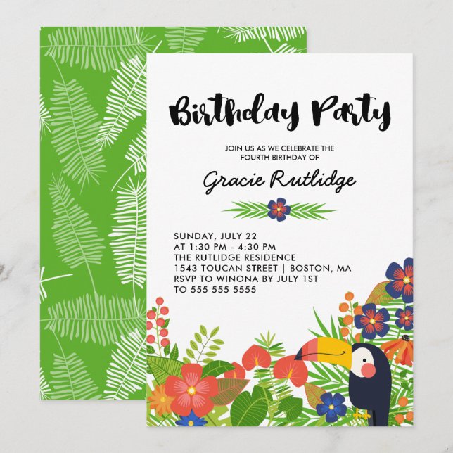 Invitación Fiesta de cumpleaños de niños tropicales turcos fe (Anverso / Reverso)