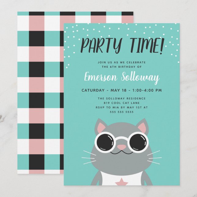 Invitación Fiesta de cumpleaños de niños turquesa de categorí (Anverso / Reverso)