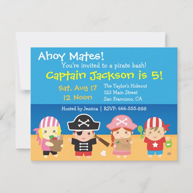 Invitación Fiesta de cumpleaños de niños y niñas piratas (Anverso)