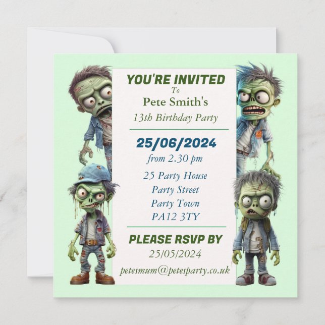 Invitación Fiesta de cumpleaños de niños zombis (Anverso)
