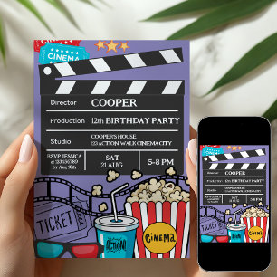 Invitación Fiesta de cumpleaños de noche de cine morado para 