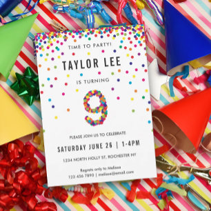Invitación Fiesta de cumpleaños de nueve años con arcoiris, n