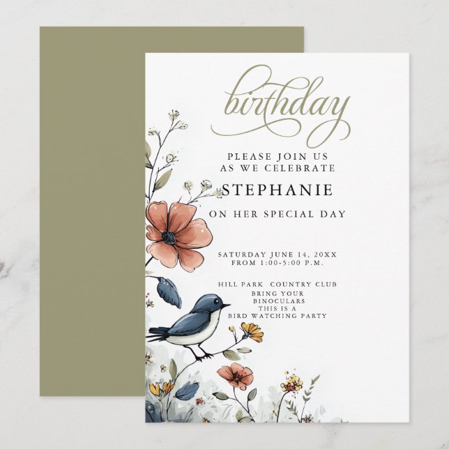 Invitación Fiesta de Cumpleaños de Observadores de Aves (Anverso / Reverso)