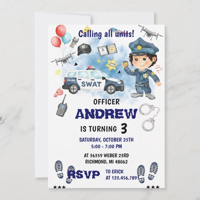 Invitación Fiesta de cumpleaños de oficial de policía moderno (Anverso)