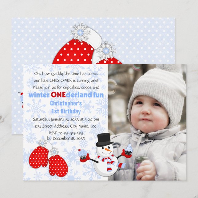 Invitación Fiesta de cumpleaños de ONEderland, invierno de Ph (Anverso / Reverso)
