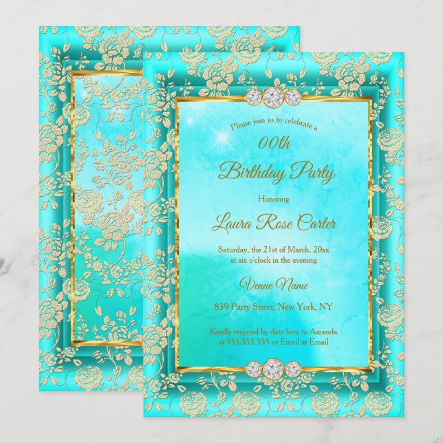 Invitación Fiesta de cumpleaños de oro azul verde azulado del (Anverso / Reverso)