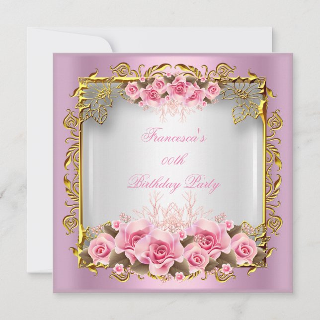 Invitación Fiesta de cumpleaños de oro blanco de rosas rosas  (Anverso)