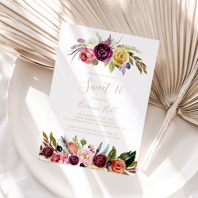 Invitación Fiesta de cumpleaños de oro Boho Floral Sweet 16 (Subido por el creador)