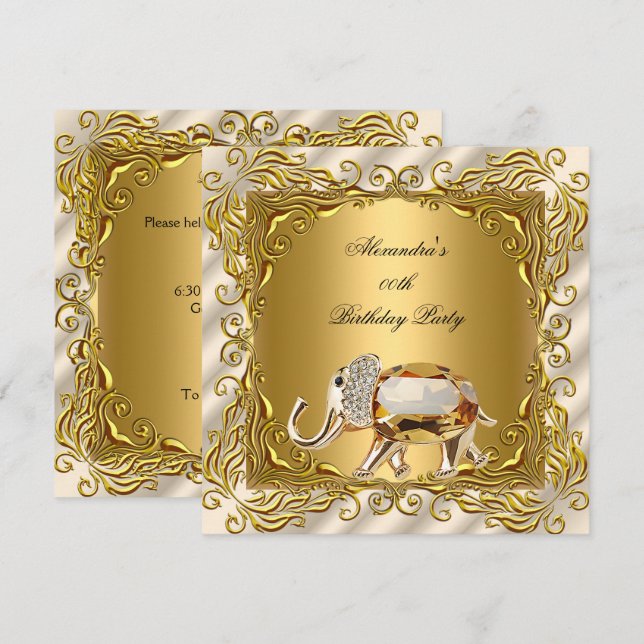 Invitación Fiesta de Cumpleaños de Oro Crema Elite Elefante D (Anverso / Reverso)