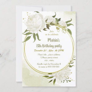 Invitación fiesta de cumpleaños de oro de flores blancas