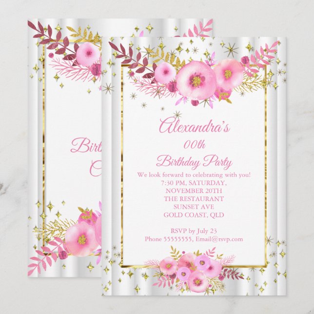 Invitación Fiesta de cumpleaños de oro de flores blancas rosa (Anverso / Reverso)