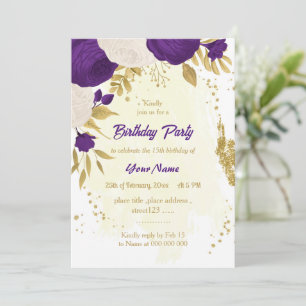 Invitación fiesta de cumpleaños de oro de flores reales morad