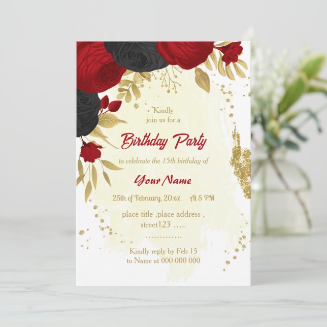 Invitación fiesta de cumpleaños de oro de flores rojas y negr (Anverso de pie)