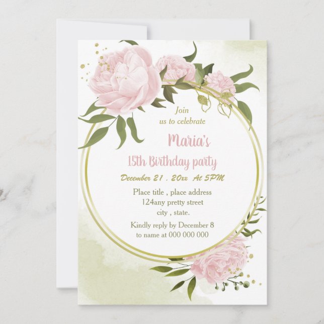 Invitación fiesta de cumpleaños de oro de flores rosadas asom (Anverso)