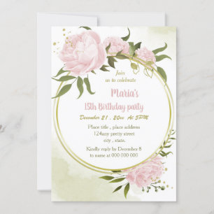 Invitación fiesta de cumpleaños de oro de flores rosadas asom