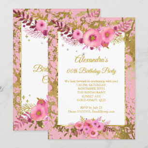 Invitación Fiesta de cumpleaños de oro de las flores rosadas
