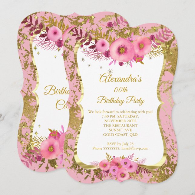 Invitación Fiesta de cumpleaños de oro de las flores rosadas  (Anverso / Reverso)