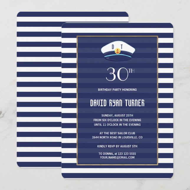 Invitación Fiesta de cumpleaños de oro de las franjas azules  (Anverso / Reverso)