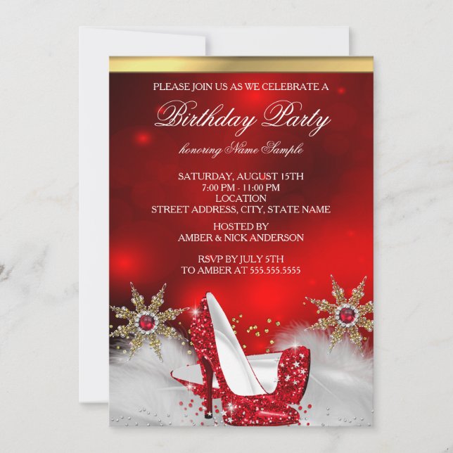 Invitación Fiesta de cumpleaños de oro de los zapatos de tacó (Anverso)
