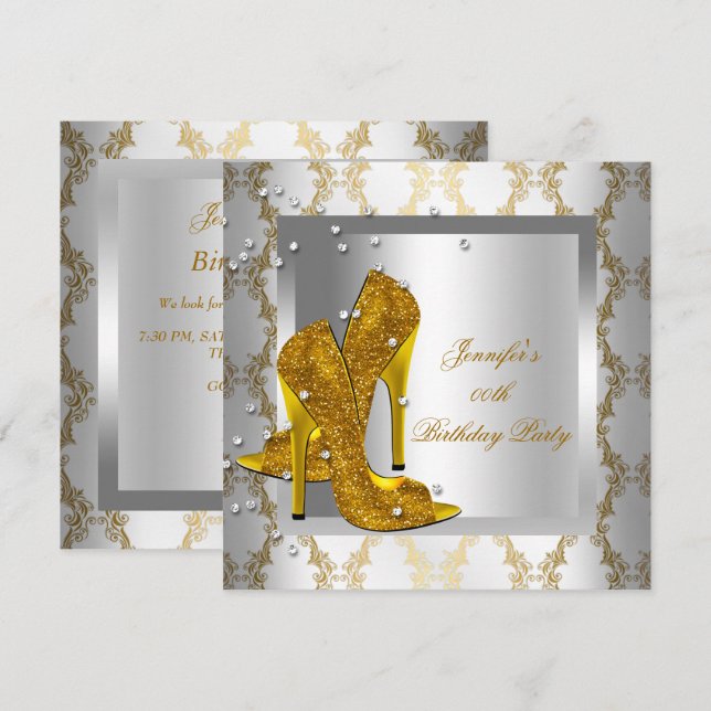 Invitación Fiesta de cumpleaños de oro de los zapatos de tacó (Anverso / Reverso)