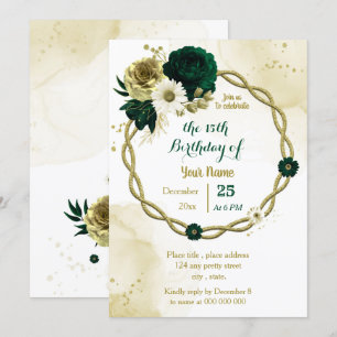 Invitación Fiesta de cumpleaños de oro de marfil verde esmera