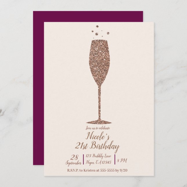 Invitación Fiesta de cumpleaños de oro de Rosa de Moda Bubbly (Anverso / Reverso)