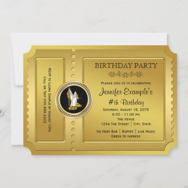 Invitación Fiesta de cumpleaños de oro de tacón alto de oro (Anverso)