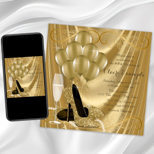 Invitación Fiesta de cumpleaños de oro del glamour de Hollywo (Gold high heel shoe birthday invitation with gold shoes on a gold swirl background. Any event.)