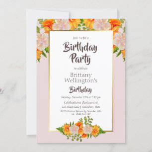 Invitación Fiesta de cumpleaños de oro del Naranja rosa flora