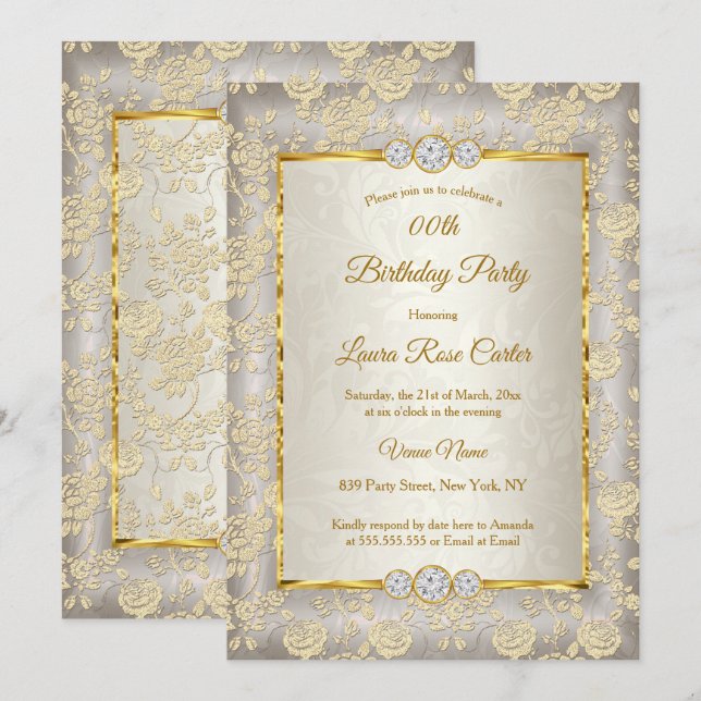 Invitación Fiesta de cumpleaños de oro del rosa de Damask con (Anverso / Reverso)