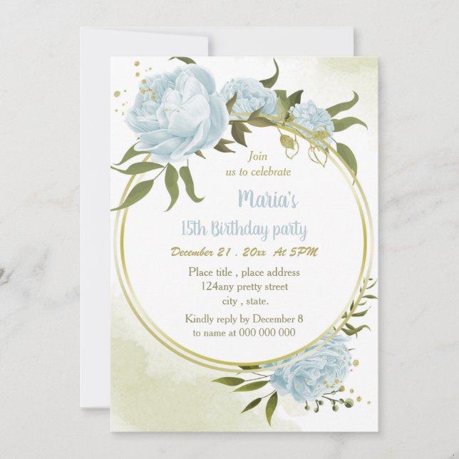 Invitación fiesta de cumpleaños de oro floral azul romántico (Anverso)