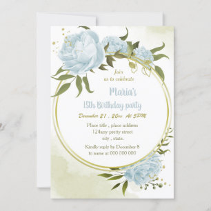 Invitación fiesta de cumpleaños de oro floral azul romántico